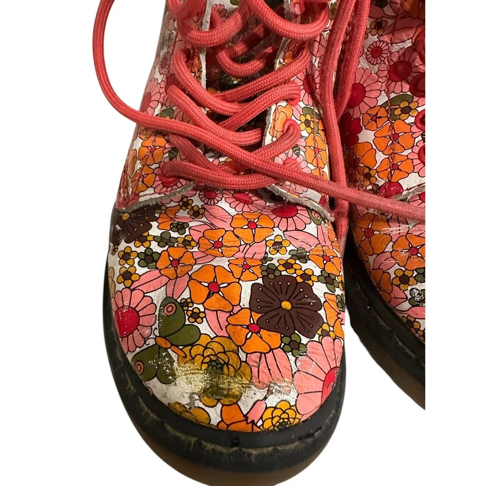 Doc Martens Boots Kids Size 12 Delaney Floral Ankle Side Zip Combat Pink Leather